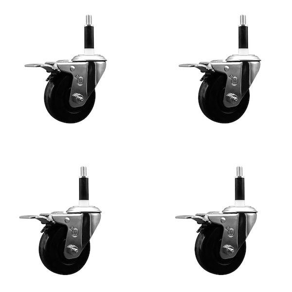 3-1/2'' Phenolic Swivel 7/8'' Expanding Stem Caster Set Total Lock Brake, 4PK